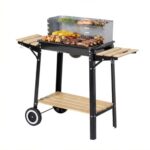 aro Holzkohlegrill, Stahl/Holz, höhenverstellbar, mit Seitenablage, Windschutz und 2 Rädern, silber