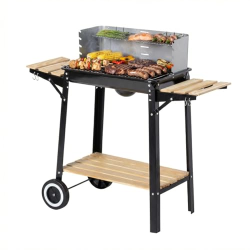 aro Holzkohlegrill, Stahl/Holz, höhenverstellbar, mit Seitenablage, Windschutz und 2 Rädern, silber