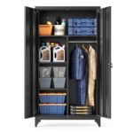 SONGMICS Mehrzweckschrank, Garderobenschrank, Aufbewahrungsschrank, Aktenschrank, Metallschrank, mit 2 Türen, 5 Fächern, Hängestange, abschließbar, hohe Füße, 80 x 40 x 165 cm, Mattschwarz OMC018BD01