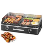 FOHERE Elektrogrill Tischgrill mit 2 Getrennt Regelbaren Grillplatten (Glatt & Gerillt), Extra groß, 2400W Plancha Grill Anti-Haft-Oberfläche, 5-Stufige Temperaturkontrolle, Schwarz