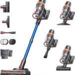 Akku Staubsauger 600W/50KPA/65Min,Selbststehender Staubsauger Kabellos mit Matratzenreinigungsbürste,Automatikmodus,Wandladestation,Duftfunktion,Mehrstufige Filtration für Teppiche/Hartböden/Auto