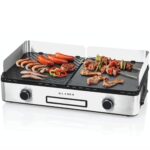 KLAMER Elektrogrill, antihaftbeschichtete und abnehmbare Duo-Platten, separate Temperatureinstellung, 5 Grillstufen, mit Wind-/ Spritzschutz & Auffangschale