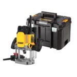 Dewalt 2.300 Watt Oberfräse DWE627KT (Leerlaufdrehzahl 9.000-22.000 min-1, Fräskorbhub 80 mm, max. Fräs-ø 50 mm, mit Sanftanlauf & Parallelanschlag, inkl. Zubehör, Absaug-Adapter & T STAK Box VI)