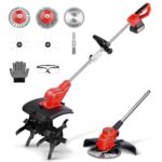 2-IN-1 Akku Bodenhacke mit Li-Ion Akku 21V, Bodenhacke & Rasentrimmer Set, Inkl. Metallmesser, Kreissägeblatt, Akku & Ladegerät, Drahtschneideseil, Drahtrolle, Drahtbürste, Schutzbrille
