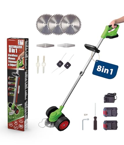 Genius Rotorazer 8 in1 Gartengerät Set 23-TLG. Akku Rasentrimmer Rasenkantenschneider Freischneider mit 2 Akku, Einstellbarer Schnitttiefe, 7 Messerscharfe Klinen, ausziehbare Teleskopstange, Garten