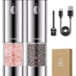 Salz und Pfeffermühlen elektrisch 2er Set aus Edelstahl (Wiederaufladbar, LED Beleuchtung, mit einstellbarem Keramikmahlwerk, Reinigungsbürste Bürste) Gewürzmühle elektrisch