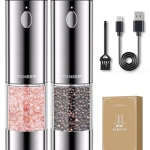Salz und Pfeffermühlen elektrisch 2er Set aus Edelstahl (Wiederaufladbar, LED Beleuchtung, mit einstellbarem Keramikmahlwerk, Reinigungsbürste Bürste) Gewürzmühle elektrisch
