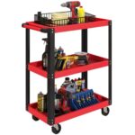 HOMCOM Werkstattwagen mit 3 Etagen, Werkzeugwagen leer, Transportwagen mit seitlicher Griff, 4 Rollen, bis 120 kg Tragkraft, Metall, 70,5 x 35 x 82,5 cm, Rot