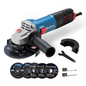 DongCheng Winkelschleifer 1100W, 125mm, Leerlaufdrehzahl:11.800min-1, Schnellverschlussabdeckung, Zusatzhandgriff ，mit 2 Schleifscheiben, 2 Fächerschleifscheiben, 2 Trennscheiben