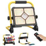 ERAY 150W LED Baustrahler Akku Mit Fernbedienung und Stativ, 15000mAh Tragbare LED Strahler Akku, LED Arbeitsleuchte 296 Perlen/5 Modi/USB-Wiederaufladbar, Campinglampe Tragbar für Camping Notfälle