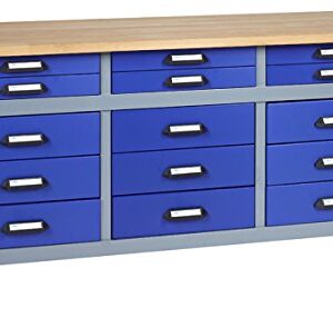 Küpper Werkbank Modell 12977, 170x84x60 cm, 15 Schubladen, 30 mm Massive Buchenarbeitsplatte, 300 kg Tragkraft, Farbe ultramarinblau