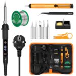 Lötkolben Set 80W LED Einstellbar Temperatur 180-520°C Lötkolben mit Ein/Aus Schalter, 50g Lötdraht, 5 Lötspitzen, Entlötpumpe, Lötkolbenständer, Pinzette, Lötset für Elektrische Arbeiten