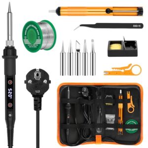 Lötkolben Set 80W LED Einstellbar Temperatur 180-520°C Lötkolben mit Ein/Aus Schalter, 50g Lötdraht, 5 Lötspitzen, Entlötpumpe, Lötkolbenständer, Pinzette, Lötset für Elektrische Arbeiten