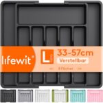 Lifewit Besteckkasten für Schubladen 40 50, verstellbarer Kunststoff Organizer Küche Tiefe 38 cm, Besteckeinsatz 6-8 Fächer, erweiterbar bis 57 cm, für Löffel, Gabeln und Geschirr, Schwarz