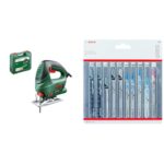 Bosch Stichsäge PST 650 (500 Watt, in Koffer) + Accessories Professional 10tlg. Stichsägenblätter Set (für Holz und Metall, Zubehör für Stichsägen mit T-Schaft Aufnahme)
