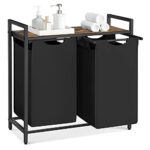 VASAGLE Wäschekorb 2 Fächer, Wäschesammler mit Ablage, Wäschebox, Wäschesack aus Oxford-Gewebe abnehmbar, Metallrahmen, 2 x 46 L, 73 x 33 x 72 cm, tintenschwarz-vintagebraun BLH201B01