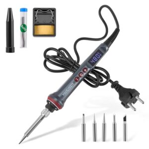Lötkolben-Set mit LCD-Display 200 W 6-in-1-Löt-Set mit einstellbarer Temperatur von 180–480 °C und automatischem Schlafmodus, Lötpistole mit 6 Lötspitzen, Lötzinn, Ständer
