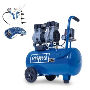 Scheppach Ultra Silent Kompressor HC26Si | 24L - 1100W | 8bar | 66 dB(A) leise | ölfrei & wartungsarm | Ansaugleistung 162L/min | Leisekompressor Doppelzylinder Flüsterkompressor | mit 14-tlg Zubehör