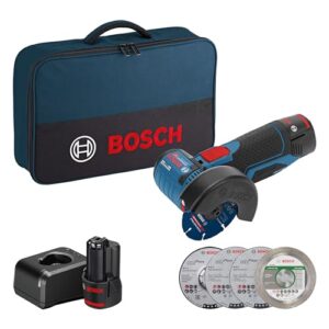 Bosch Professional 12V System Akku Winkelschleifer GWS 12V-76 (inkl. 2x 2.0Ah Akku, 5tlg. Trenn- und Schleifscheiben-Set, Tasche)