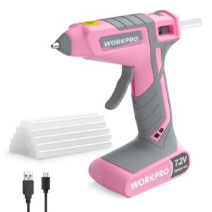 WORKPRO Heißklebepistole Akku 7,2V, Kabellos & mit Kabel Verwendbar, Akku Klebepistole mit 20 Klebesticks, 30s schnelle Aufheizung, Schnelle Klebstoffabgabe, USB-C-Aufladung, für Handwerk, Dekoration