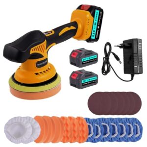 Poliermaschine Auto Akku - 8 Variable Geschwindigkeit Auto Politur Set 2800-6000RPM 13 PCS Aufsätze, 2 x 21V 3,0 Ah Akku Poliermaschine für Wachsen/Autodetaillierung
