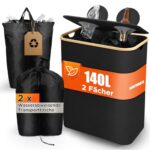 SOUTHGATE pfandflaschen sammelbehälter 2 Fächer, 140L Leergut-Sammler, Klappdeckel mit Silikon-Dichtung, 2 waschbare Taschen mit Kordelzug, faltbar 4 cm, für Küche & Abstellraum, Schwarz