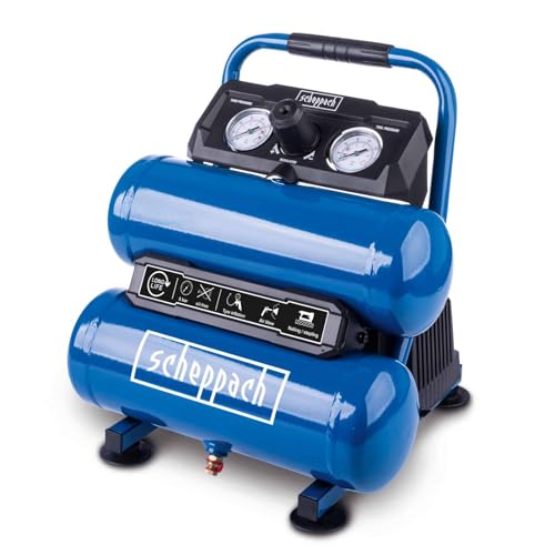 Scheppach Kompressor HC10-Twin ölfreier Druckluftkompressor | 7,5L Kesselvolumen | 8 bar max. Arbeitsdruck | 50,4 L Ansaugleistung | 750W Leistung | 2 Druckmanometer, 1 Schnellkupplung & Druckminderer