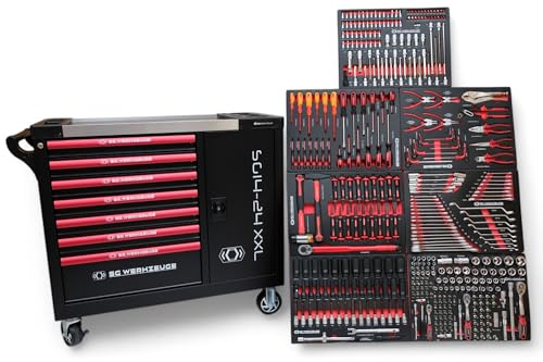 ViMa24 Werkstattwagen gefüllt mit 7 Schubladen XXL Werkzeugwagen befüllt mit Türe zur Aufbewahrung KFZ Werkzeugkasten Abschließbar mit Rollen Carbon Optik Einleger Profiwerkzeug