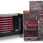 DeTec. Werkzeugwagen XXL befüllt mit Werkzeug | 7 Schubladen gefüllt | KFZ Werkstattwagen Carbon Optik Einleger | KFZ Werkzeugkasten bestückt Red Black Edition Profiwerkzeug