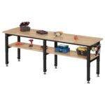 LUXOAK höhenverstellbare 2-teilige 213x61 cm Werkbank mit 4 AC-Steckdosen und 2 USB-Anschlüssen, belastbar bis 2722 kg, Massive Gummiholz-Arbeitsplatte, geeignet für Garage, Werkstatt und Büro