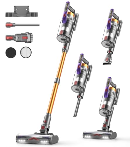 CHEBIO Akku Staubsauger 50000Pa/600W/75Min, 1.8L Staubsauger Kabellos mit Freistehender, LED Display, Anti-Tangle-Bürste, Wandladestation, Ultraleise, für Tierhaare/Hartböden/Teppiche/Auto