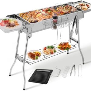 Holzkohlegrill XXL(122 * 30 * 75cm),Tragbarer Kohlegrill, Klappgrill Edelstahl, BBQ Charcoal Grill mit Antihaft-Pfanne, Einstellbare Belüftungsöffnungen, Camping Grill für Garden Backyard Picknick