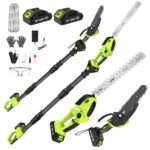 Motorsäge und Heckenschere Akku Teleskop Combo, 4 in 1 Mini Kettensäge 6 Zoll Elektrisch mit 2 * 4000 mAh Akku, 4 Kette, Handschuhe Schutzbrille Geeignet für Astschere Gartenpflege und zum Holzfällen
