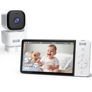 GHB Babyphone mit Kamera 5 Zoll IPS-Display 350° Rotation 5000 mAh VOX 4-Fach-Zoom Nachtsicht Raumtemperatur-Anzeige Zwei-Wege-Audio 720P