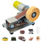Elektrischer Bandschleifer Mini Bandschleifmaschine, 15 Grad Band Tellerschleifer mit 7-Stufig Verstellbarer Polierer und 10-Teiligen Schleifbändern, Tischschleifmaschine für Schleifen von Metall, Hol