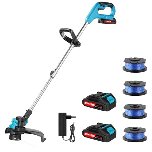 Akku Rasentrimmer 21V, 2 IN 1 Rasenkantenschneider Automatik Fadennachführung, Motorkopf 60° drehbar & neigbar,mit 2 * 2,0Ah Akkus und Ladegerät, für Rasenschneiden Garten, Hof