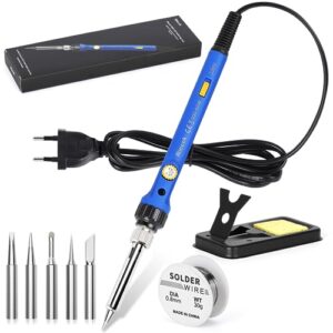 Lötkolben 60W, Lötkolben Set mit Lötzinn, Temperatur Einstellbar 220-480℃, EIN/AUS Schalter, 30g Lötdraht, 5 Lötspitzen, Soldering Iron Set für Elektrotechnik Reparaturen Profi Hobbybastler