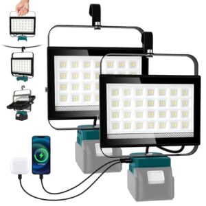 NATPOW Akku Lampe Für Makita 100W (Kein Akku), 2 Stück 6500LM Led Arbeitsleuchte, 2 Modi Baustrahler Akku Ultra Helle, Tragbarer Strahler mit Typ C und USB-Aufladung Für Baustellen Autoreparaturen