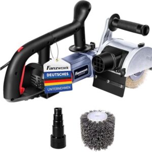 FANZWORK V2 1500 Watt Satiniermaschine Schleifmaschine Bürstenschleifgerät zur Renovierung von Oberflächen, mit Staubsaugung-Anschluss, Drehzahlregelung, Kugelgriff, Stahldraht & Nylon Bürste