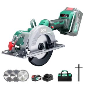 DCA Bürstenlose Akku-Handkreissäge 20V mit 4,0Ah Akku, 2-Gang 6700/4200RPM Kreissäge, 3 Sägeblatt Ø125mm mit Führungsschiene, 45mm(90°)/33mm(45°) Schnitttiefe, Mini Kreissäge für Holz, Plastik, PVC