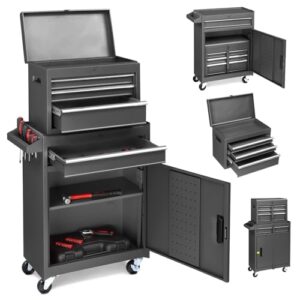 LEADZM Werkstattwagen leer, Werkzeugwagen leer, Werkzeugschrank mit Schloss, Koffer & 4 Fächer & verstellbarem Regal, Kugelgelagerte Schubladen, Metall, 59x28x102cm（Schwarz）