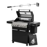 Feuergott Gasgrill Hektor 4B-S inkl. Drehspieß und Abdeckhaube mit 4 Brennern, Sear-Brenner, Gusseisen-Grillrost, Heckbrenner, Seitenkocher, Sichtfenster und Thermometer für Garten und Terrasse