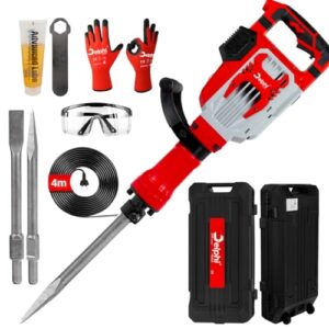 Delphi Abbruchhammer 70 J, 1950 RPM, 1600 W (Antivibrationssystem, HEX30, 1600 W, Koffer mit Rollen + Zubehör Set) - Stemmhammer mit 2 Meißeln und verstellbarem Griff ideal zum Brechen von Beton