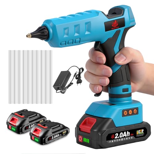 ONEVAN Akku Heissklebepistole, 20V Heißklebepistole Kabellos mit 2 2.0Ah Akkus, 100-200℃, 60S-Schnellerwärmung, Digitale Anzeige, Akku Klebepistole zum Basteln inkl. 10stk Klebestifte 11mm