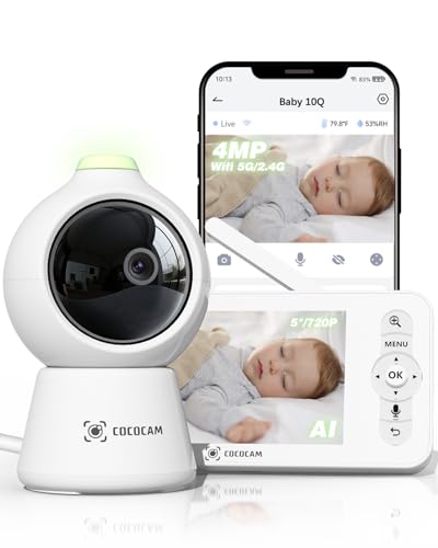 COCOCAM 2K 4MP KI Babyphone mit Kamera 5 Zoll, 2.4GHz/5GHz WLAN, Gesichtsverdeckungs Oder Bauchschlaf Alarm, Intelligentes Zeitalbum, KI-Erkennung, Automatische Verfolgung, IR Nachtsicht
