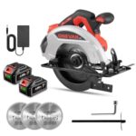 ONEVAN Akku Kreissäge, Bürstenlos Handkreissäge mit 2 4000mAh Akkus und 3 Kreissägeblatt 185mm, Schnitttiefe 45,5 mm (90°) / 33,5 mm (45°)