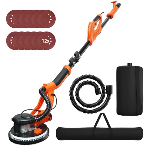SOARS Trockenbauschleifer 750W, Ø250mm Deckenschleifer mit 6 Geschwindigkeiten, max Drehzahl 1750 U/min, Wandschleifmaschine mit Teleskopstiel & LED-Licht, inkl. Staubbeutel, 12 Schleifpapier & Tasche