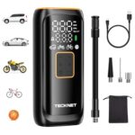 TECKNET Akku Kompressor 6000mAh, Elektrische Luftpumpe 150 PSI, Fahrradpumpe Elektrisch, Luftkompressor mit Manometer für Autos, Fahrräder, Motorrad, Bälle, Powerbank und Taschenlampe Funktion