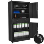 tectake® Aktenschrank, Mehrzweckschrank aus Stahl, Allzweckschrank, Aktenschrank abschließbar, 2 Schrankabteilen, 2 Schubladen, Türen und Schloss, Büroschrank, Werkzeugschrank, 180x80x40cm - schwarz