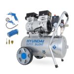 HYUNDAI Silent-Kompressor SAC55752 SET | 24L Kessel, 8bar, ölfrei | 0.75kW / 1.0PS | Ansaugleistung 125 L/Min | Öl-Wasserabscheider | 59dB Luftkompressor leise, Flüster-Kompressor | mit Zubehör